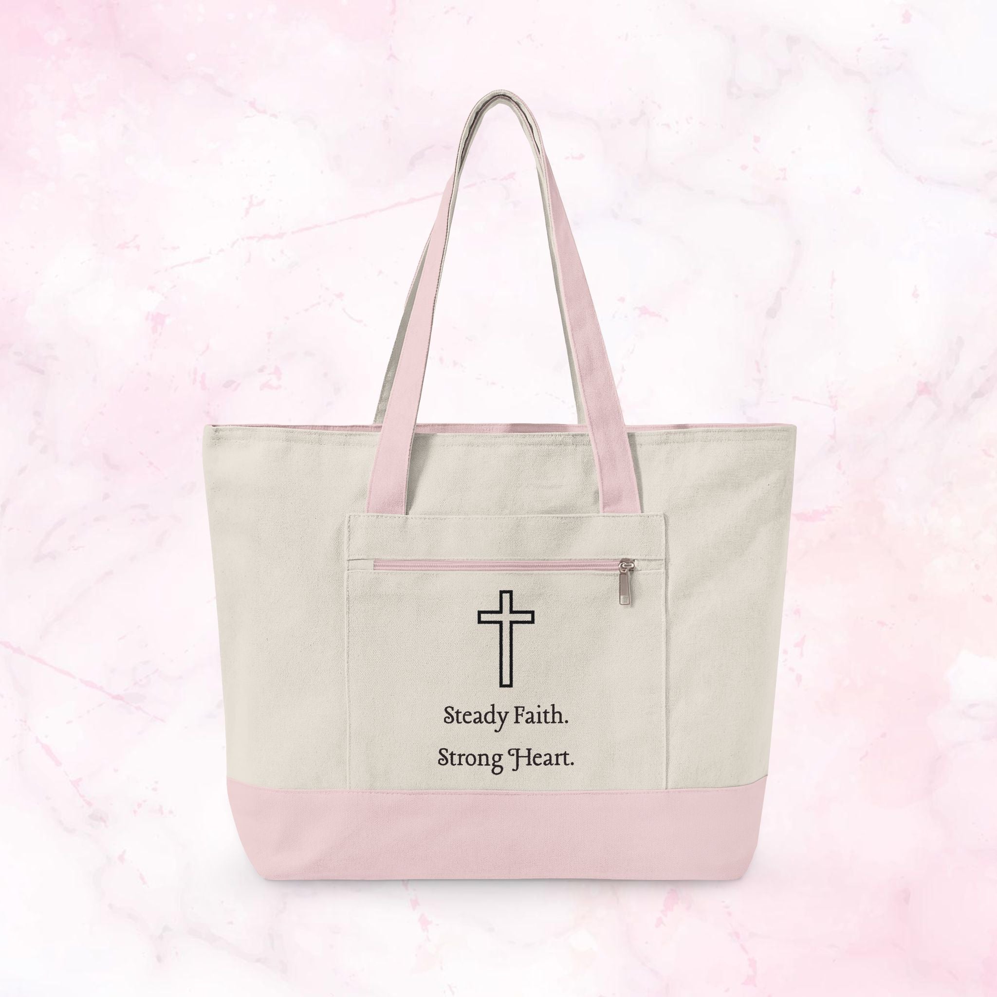 Canvas Tote — Faith Cross Zippered Tote (Steady Faith, Strong Heart)