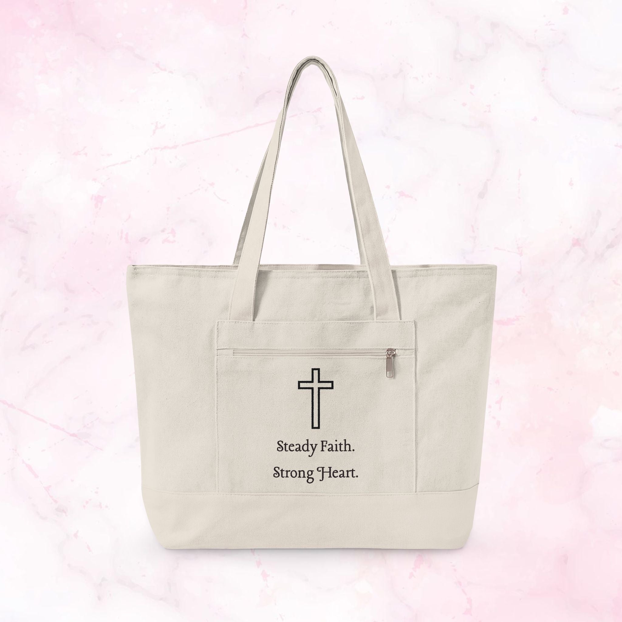 Canvas Tote — Faith Cross Zippered Tote (Steady Faith, Strong Heart)