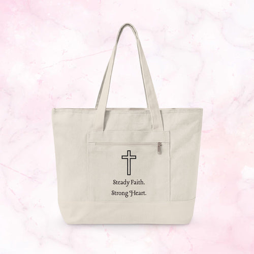 Canvas Tote — Faith Cross Zippered Tote (Steady Faith, Strong Heart)