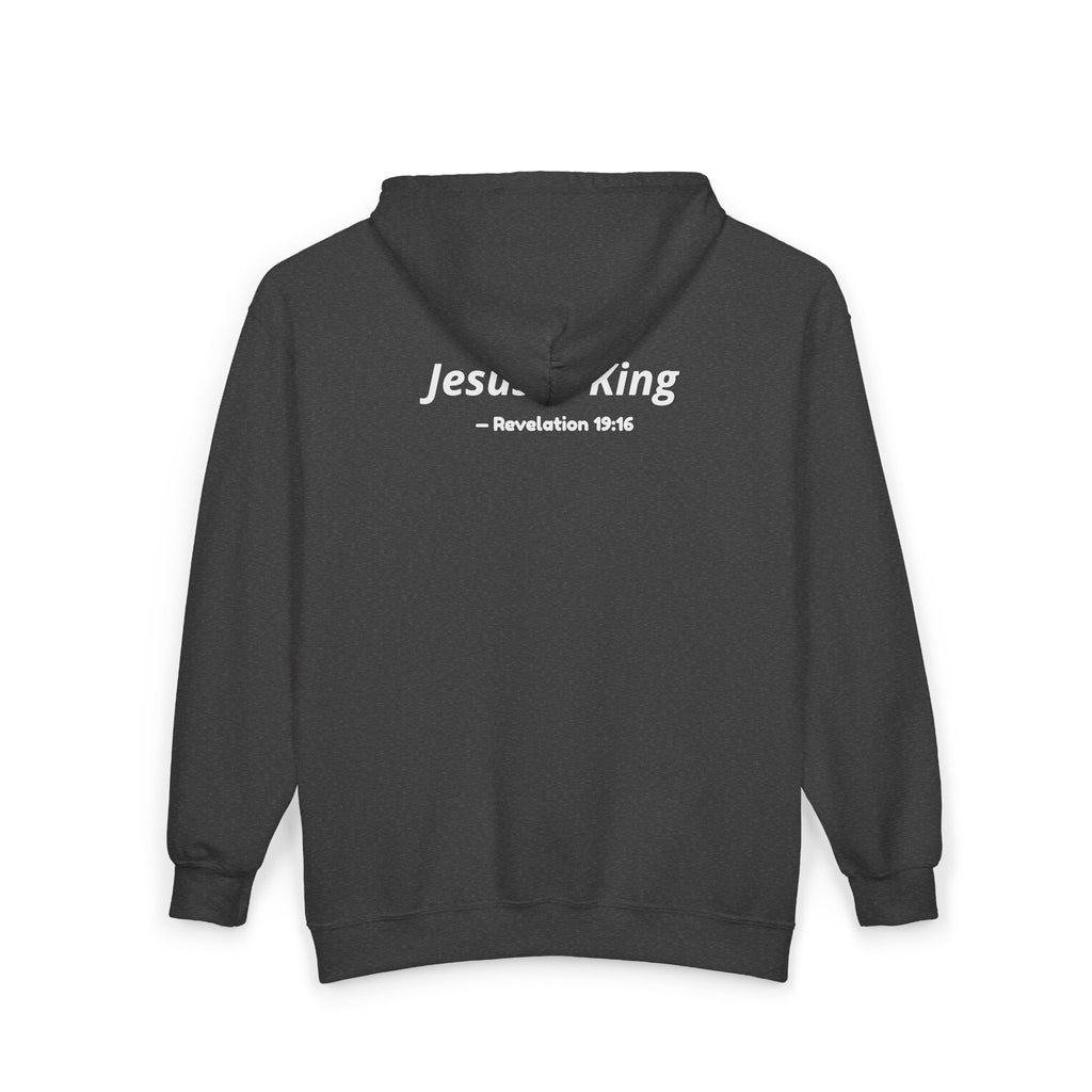 Jesus Is King Zip Hoodie — Scripture Verse Christian Cross Sweatshirt