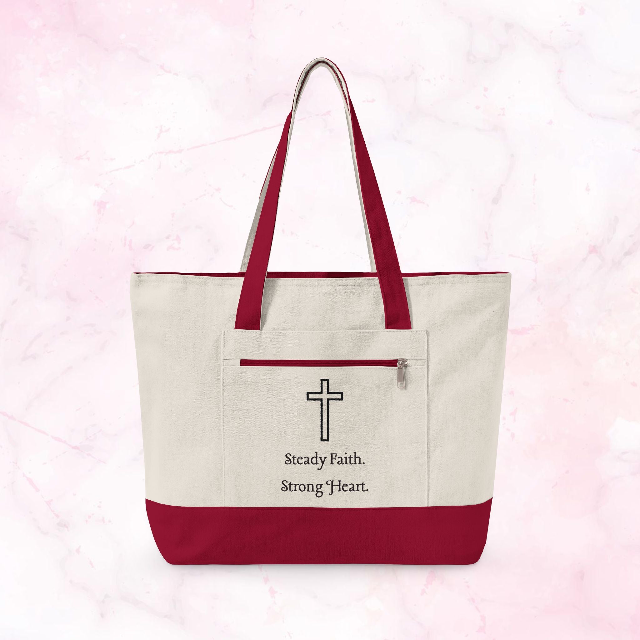 Canvas Tote — Faith Cross Zippered Tote (Steady Faith, Strong Heart)