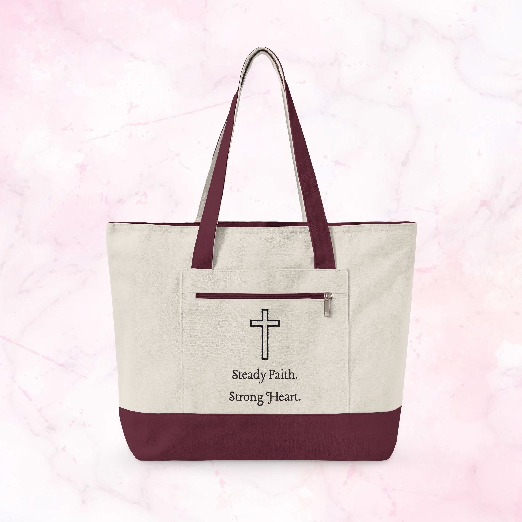 Canvas Tote — Faith Cross Zippered Tote (Steady Faith, Strong Heart)