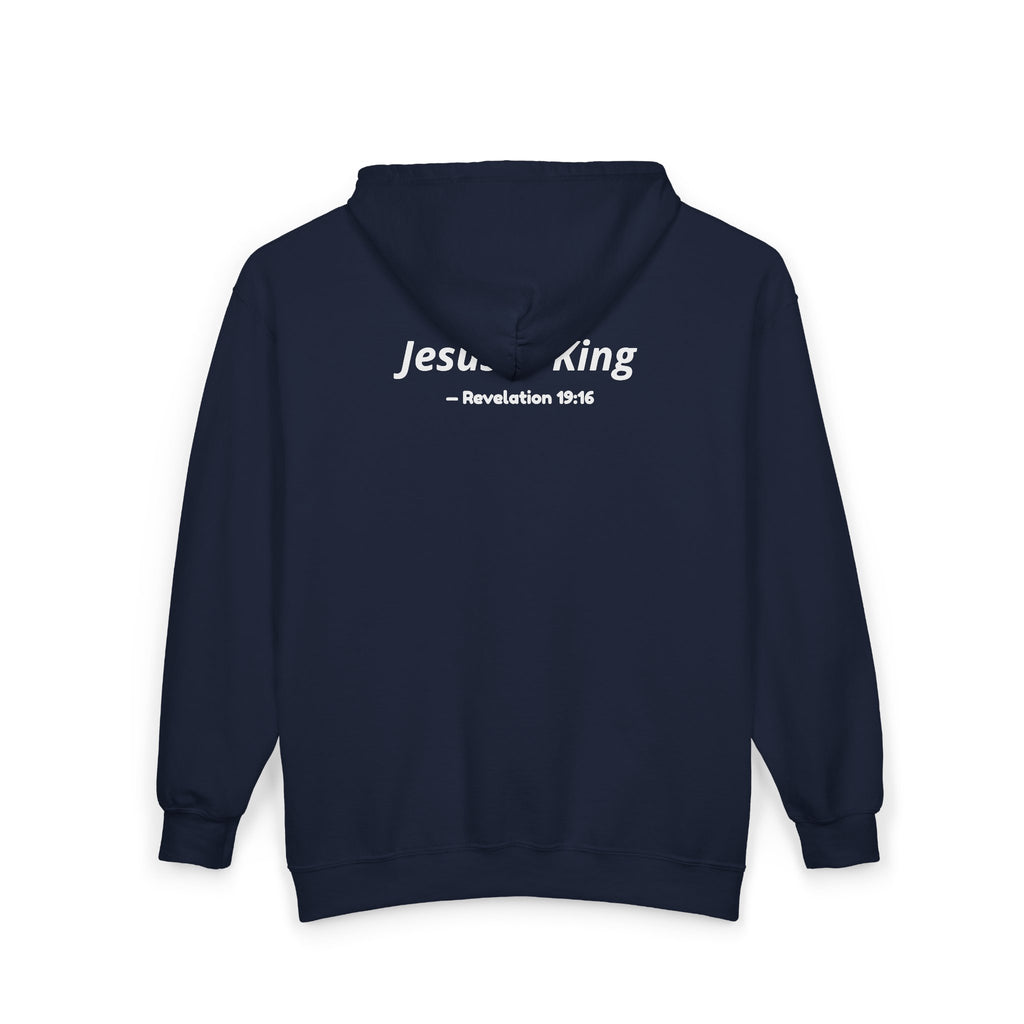 Jesus Is King Zip Hoodie — Scripture Verse Christian Cross Sweatshirt