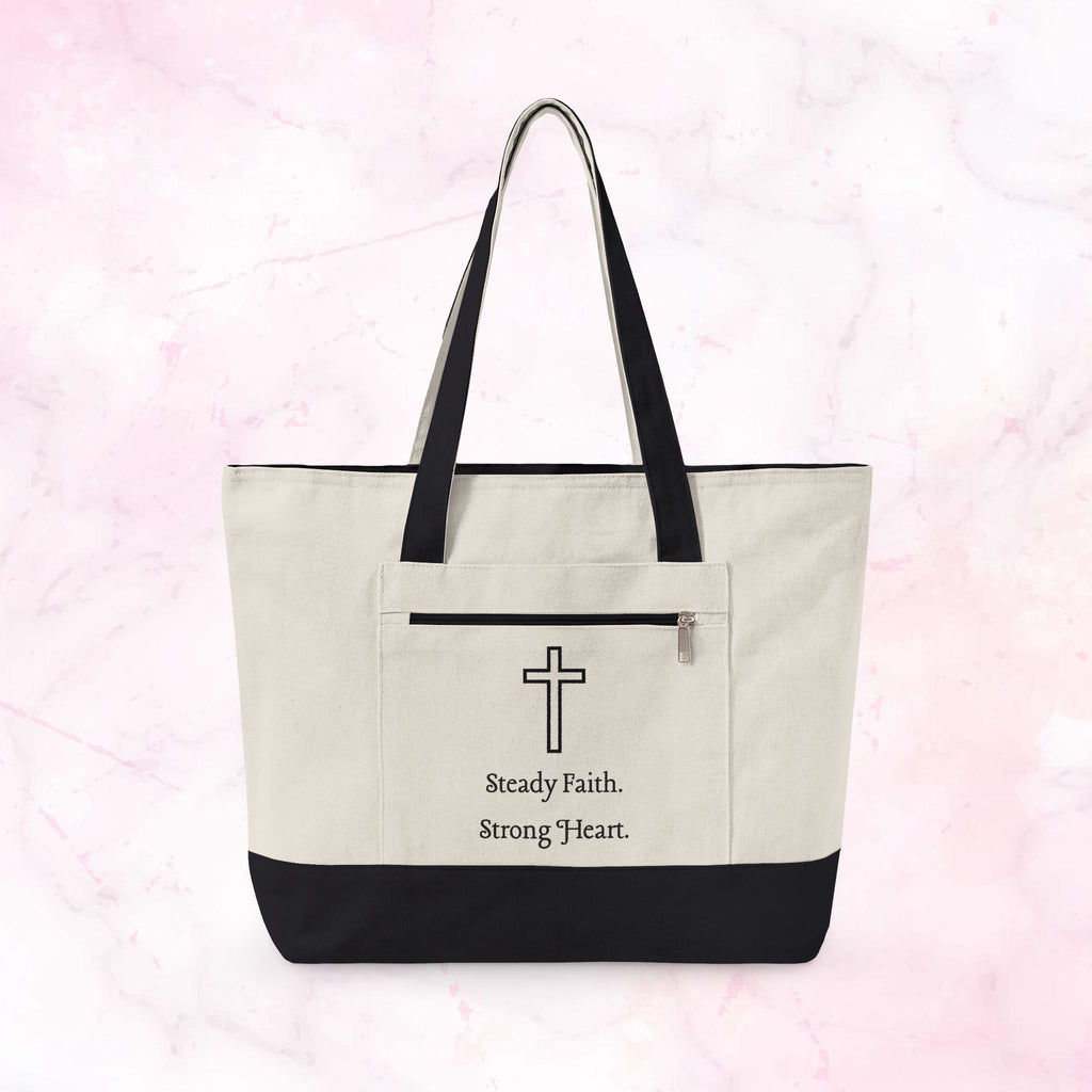 Canvas Tote — Faith Cross Zippered Tote (Steady Faith, Strong Heart)