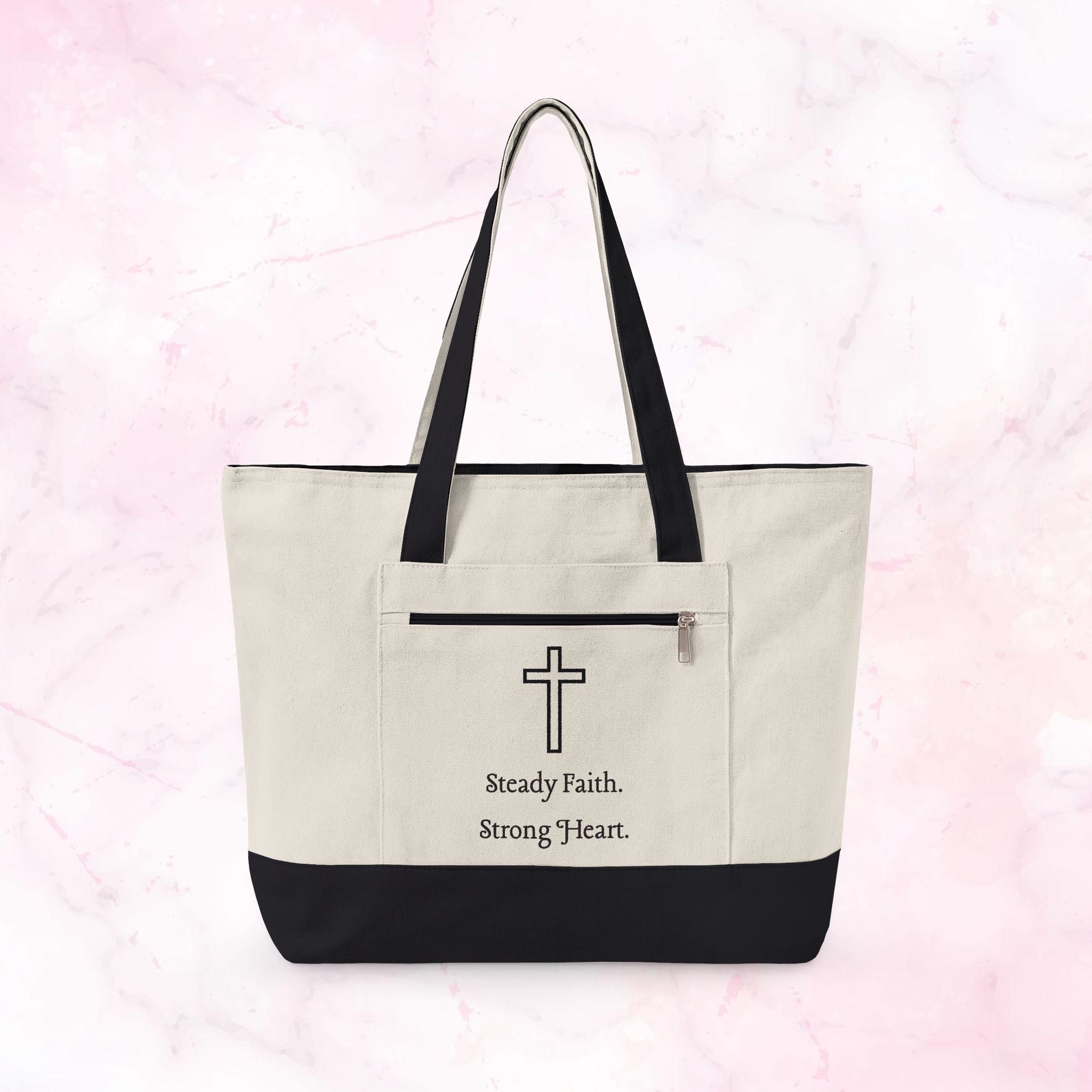 Canvas Tote — Faith Cross Zippered Tote (Steady Faith, Strong Heart)