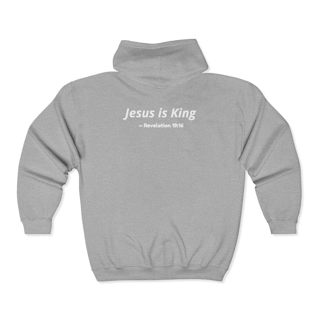 Jesus Is King Zip Hoodie — Scripture Verse Christian Cross Sweatshirt