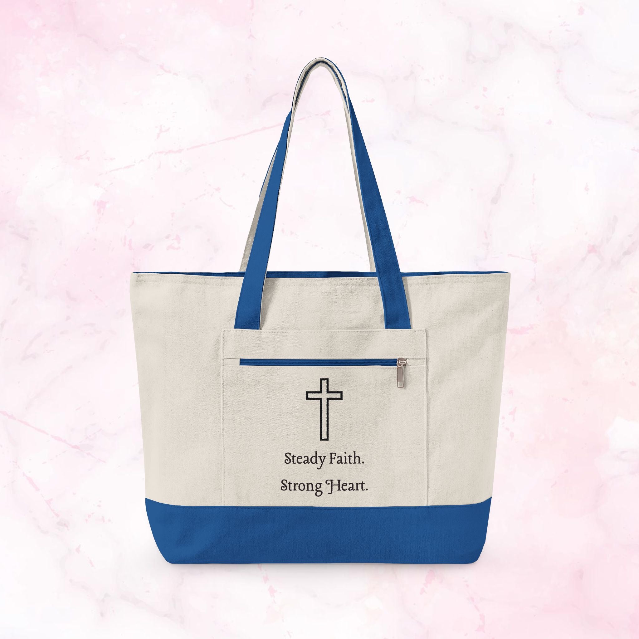 Canvas Tote — Faith Cross Zippered Tote (Steady Faith, Strong Heart)