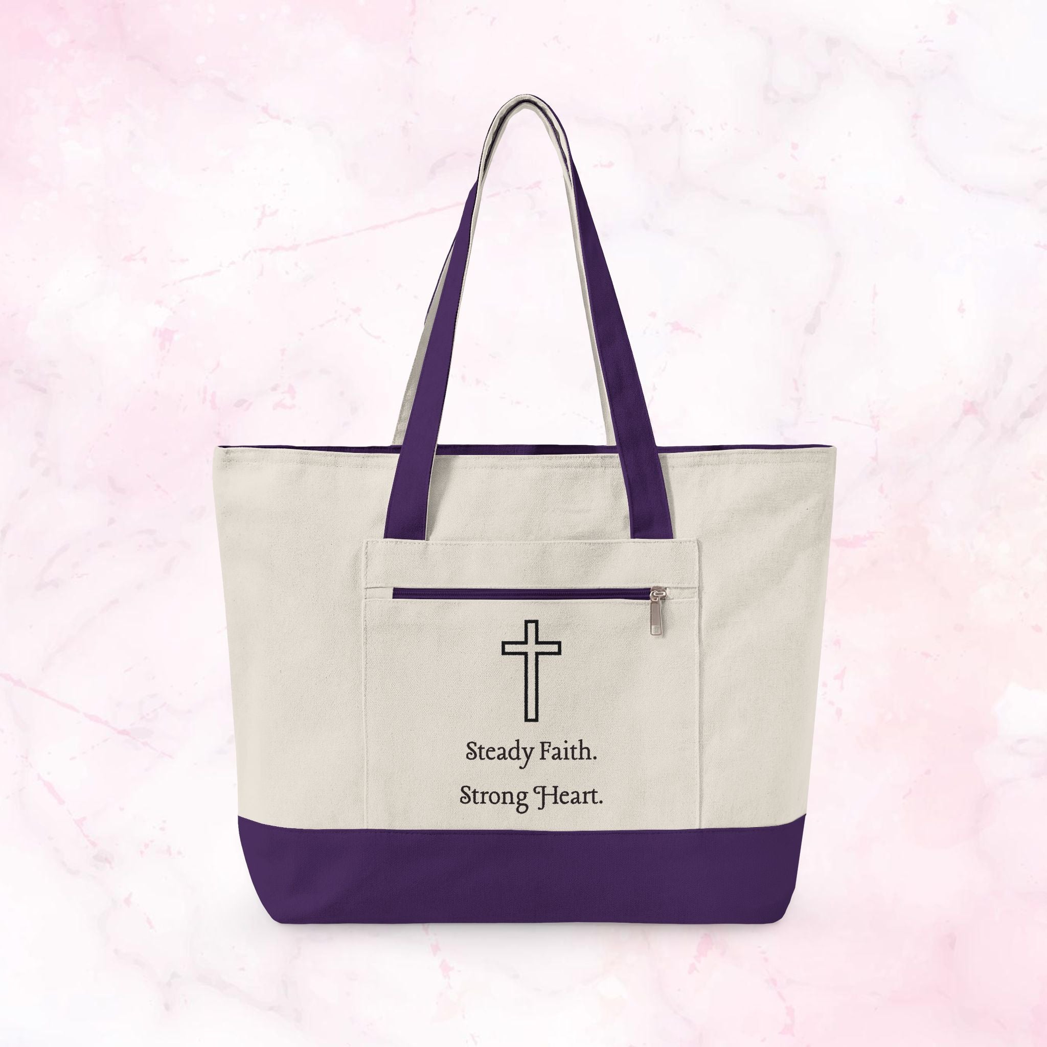 Canvas Tote — Faith Cross Zippered Tote (Steady Faith, Strong Heart)